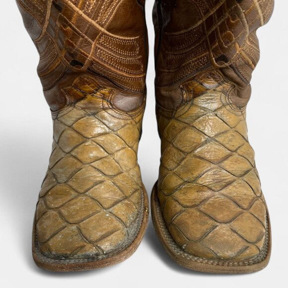 Reywelt Leather Square Toe Pirarucu Fish Pattern Western Cowboy Boots Men's 7.5 - Picture 5 of 13